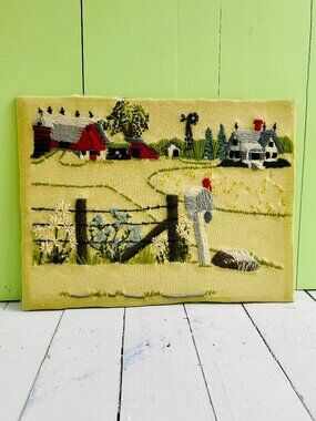 Vintage Farmhouse Crewel Embroidery Wall Art Country Landscape Needlework